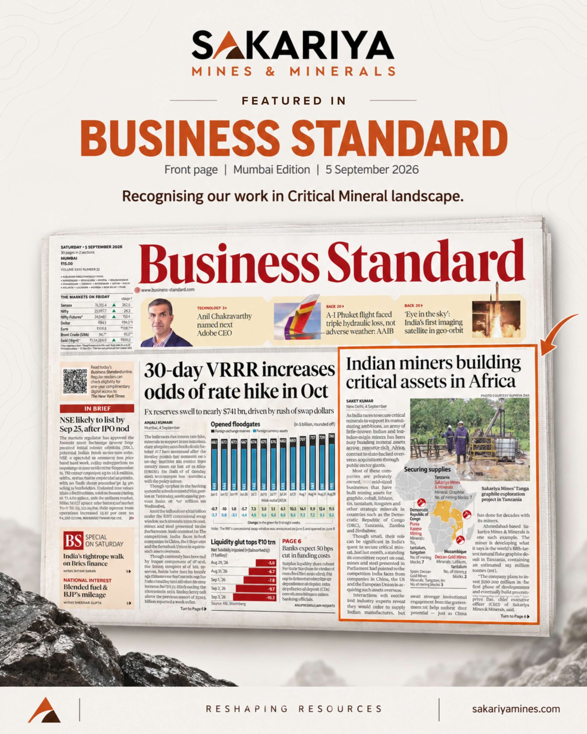 Sakariya Mines & Minerals Featured in Business Standard for Its Work in Tanzania